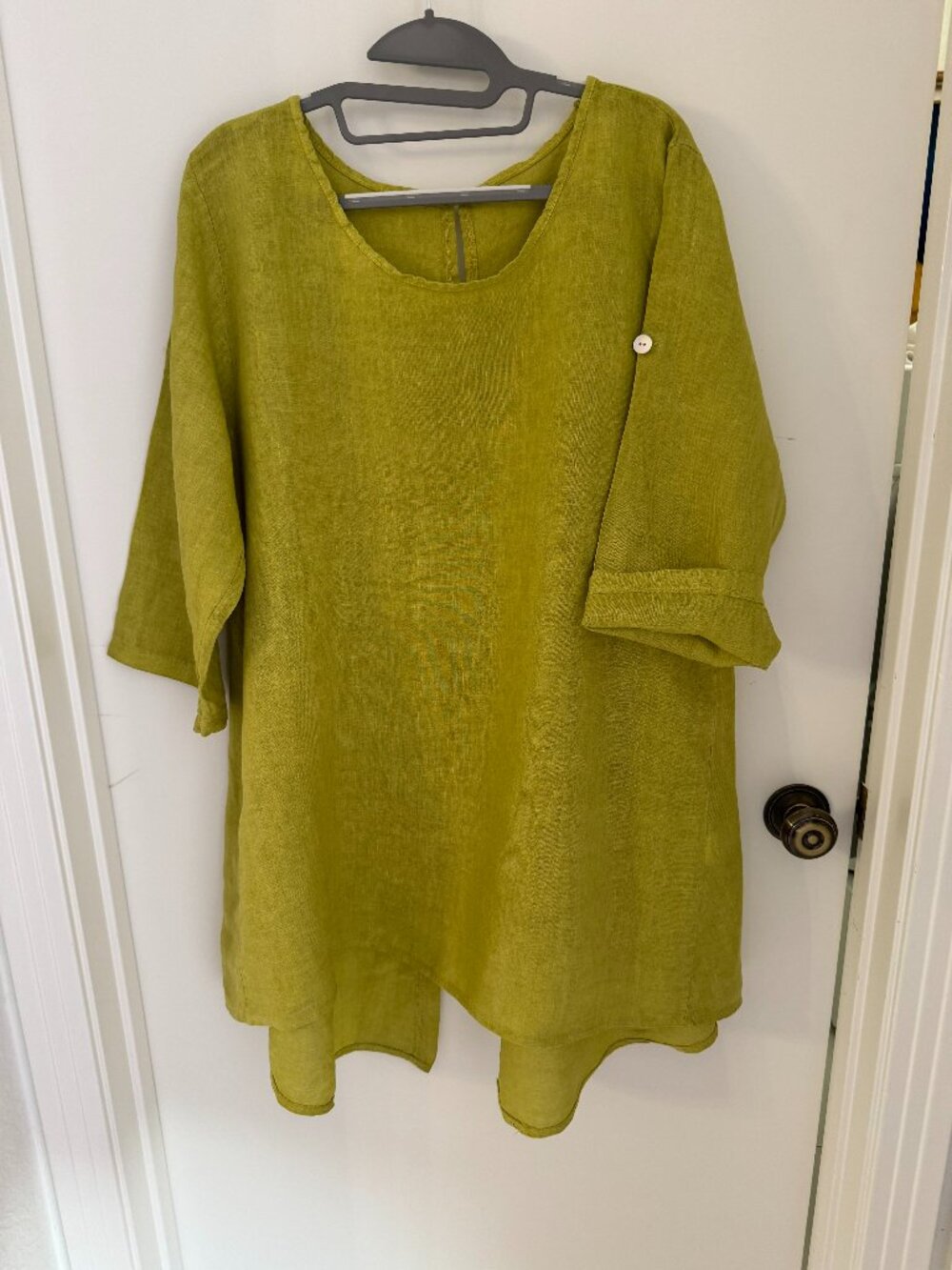Meo Meli Green Linen Tunic with Buttons on Back, Roll Up Sleeves
